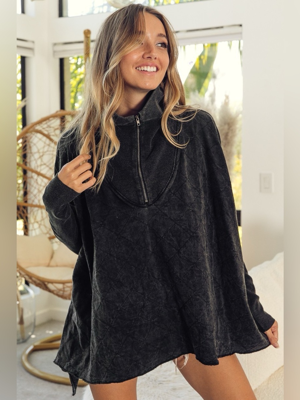 BiBi Vintage Washed Quilted Half Zip Top